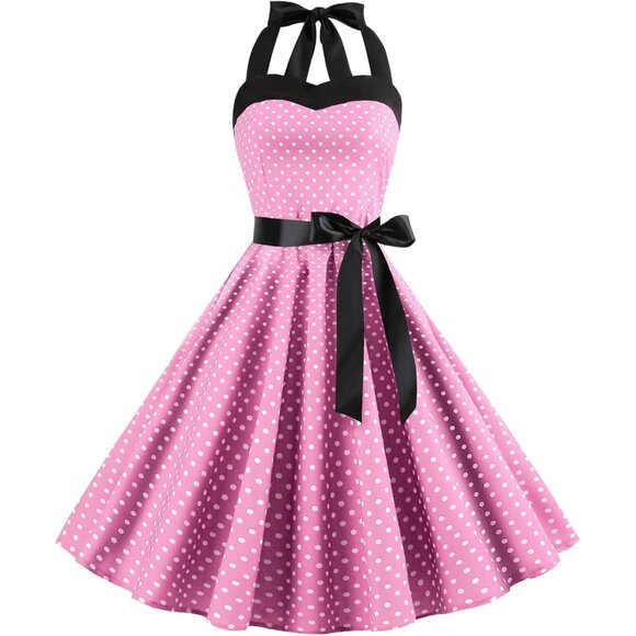 Dresses & Skirts - Vintage 50s Rockabilly Swing Dress Polka Dots Floral Halter A-Line